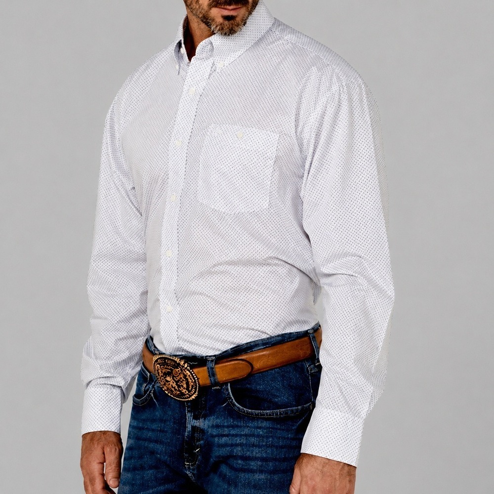 Wrangler Men's Classic Mini Print White Gray Button Down Shirt SZ Large Western